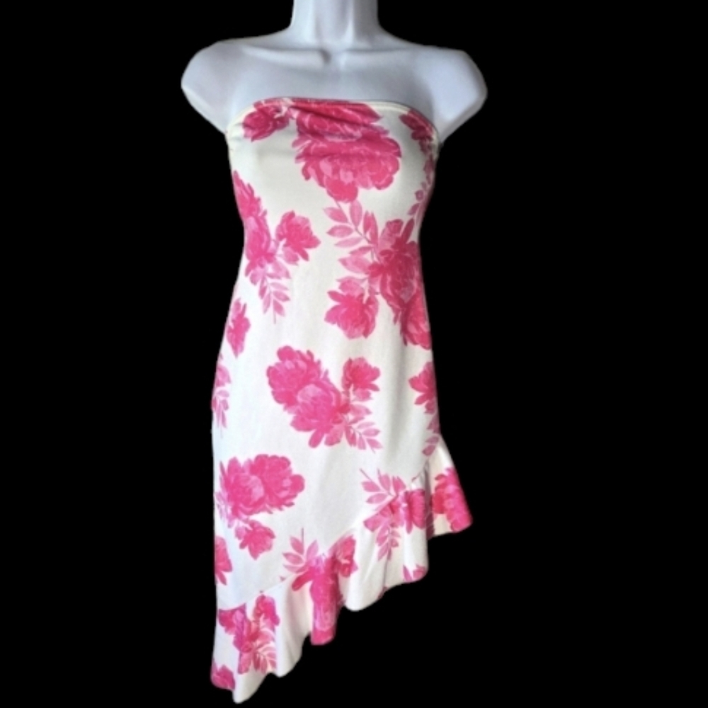 Missguided Pink Floral Dress Strapless Asymmetrical Hemline High Low Summer Tube